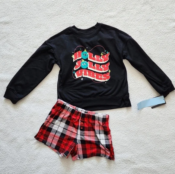NWT Girls Christmas 2pc Holly Vibes Long Sleeve Sweatshirt Boxer Pajama Set, S 8 - Picture 2 of 8